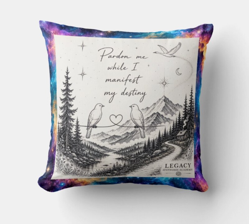 Legacy Hypnosis Academy cushion reading 'Pardon me while I manifest my destiny'
