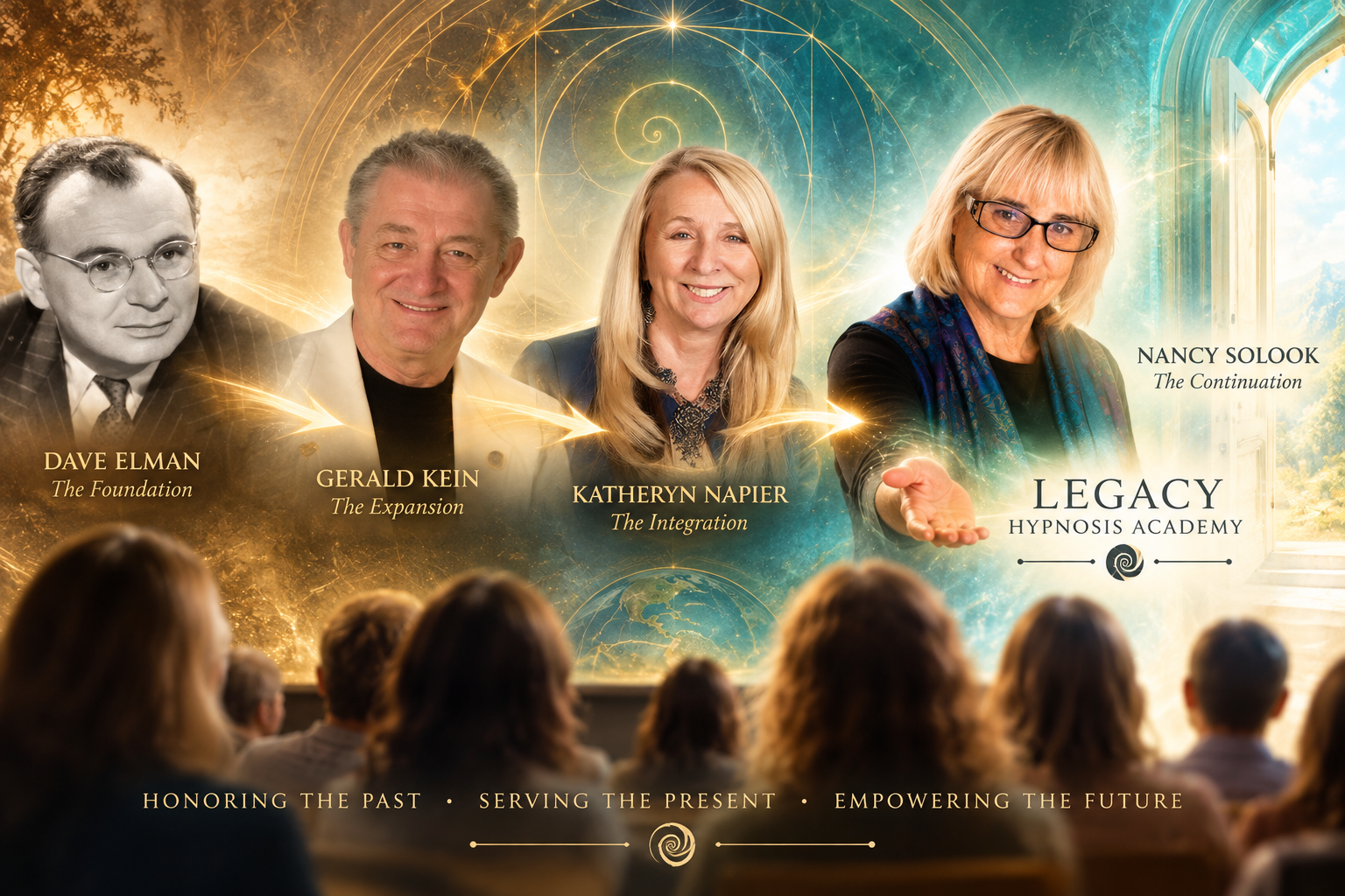 Legacy Hypnosis Academy lineage honoring Dave Elman, Gerald Kein, Katheryn Napier, and Nancy Solook